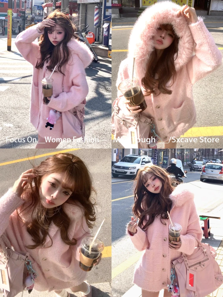 معاطف كورية من الفرو الصناعي مع غطاء للرأس للنساء بأكمام طويلة سترة محبوكة نحيفة ملابس خارجية للربيع سترة كلاسيكية أنيقة بلون نقي #3