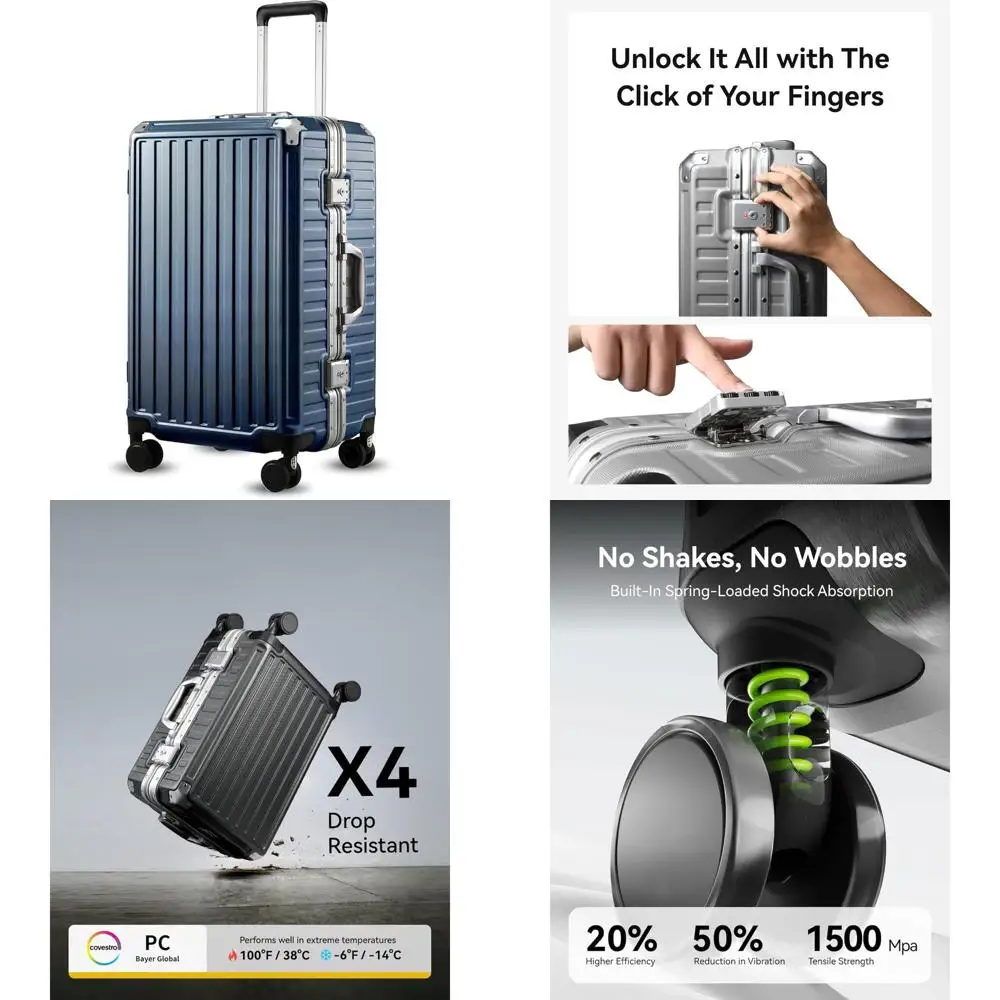 

24-дюймовый спиннерный чемодан с алюминиевой рамой, твердый чемодан из поликарбоната без молнии, синий дорожный футляр