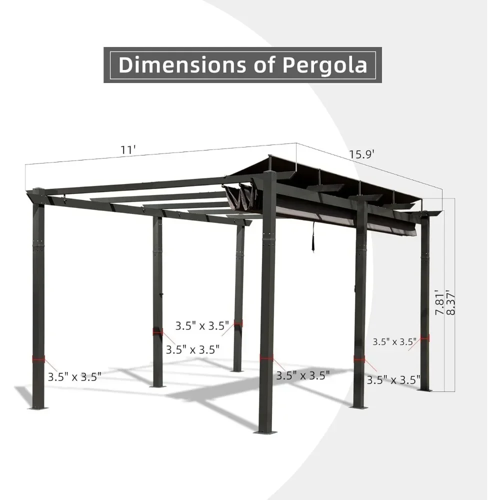 Patio Pergola, 11’ X 16’ Outdoor Retractable Pergola with Weather-Resistant Canopy Aluminum, Grill Gazebos, Garden Gazebo