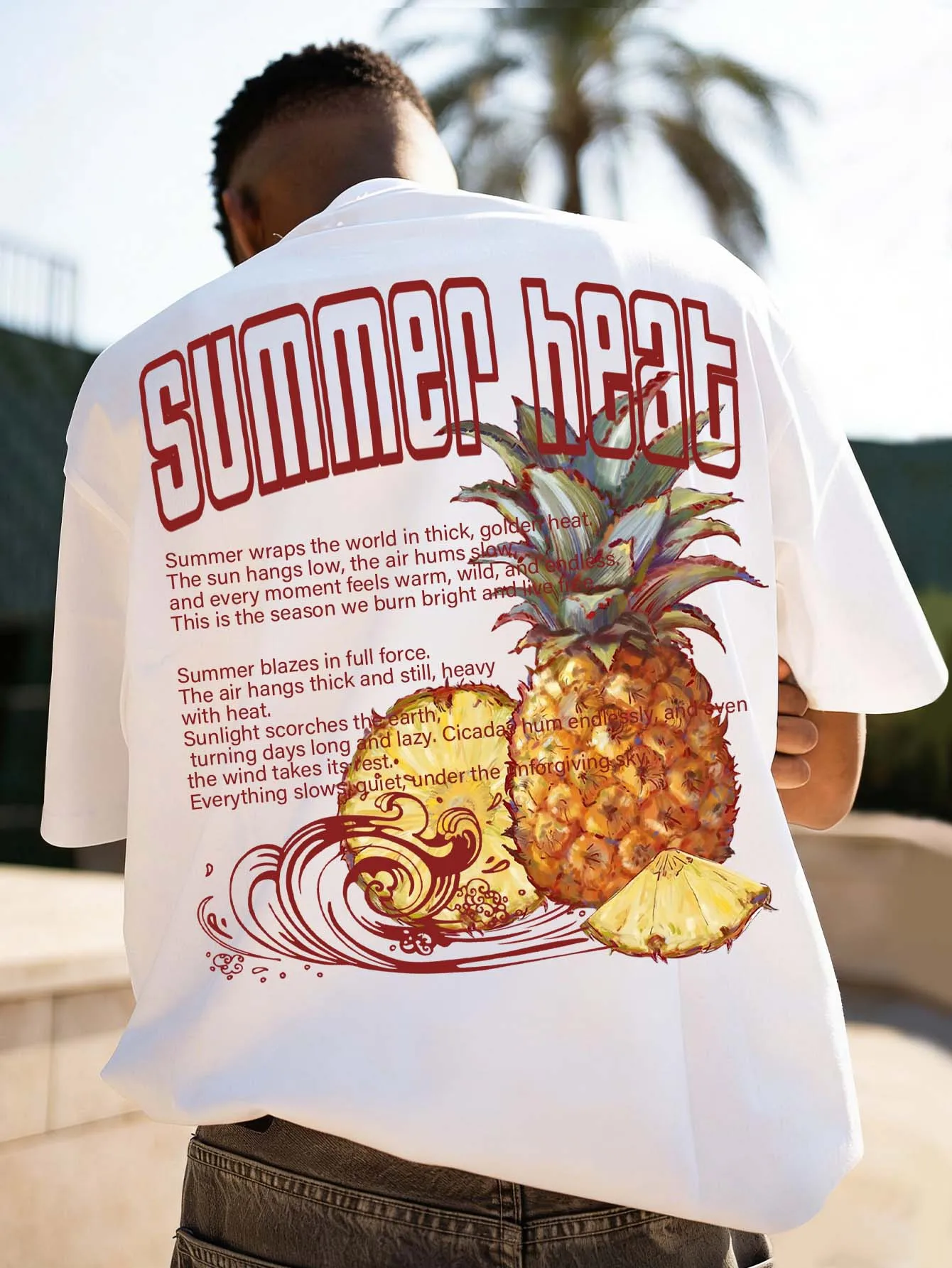 Men's Summer Heat Pineapple Wave Slogan Print Crew Neck T-Shirt Polyester Short Sleeve Hip Hop Streetwear Oversized Casual Tee