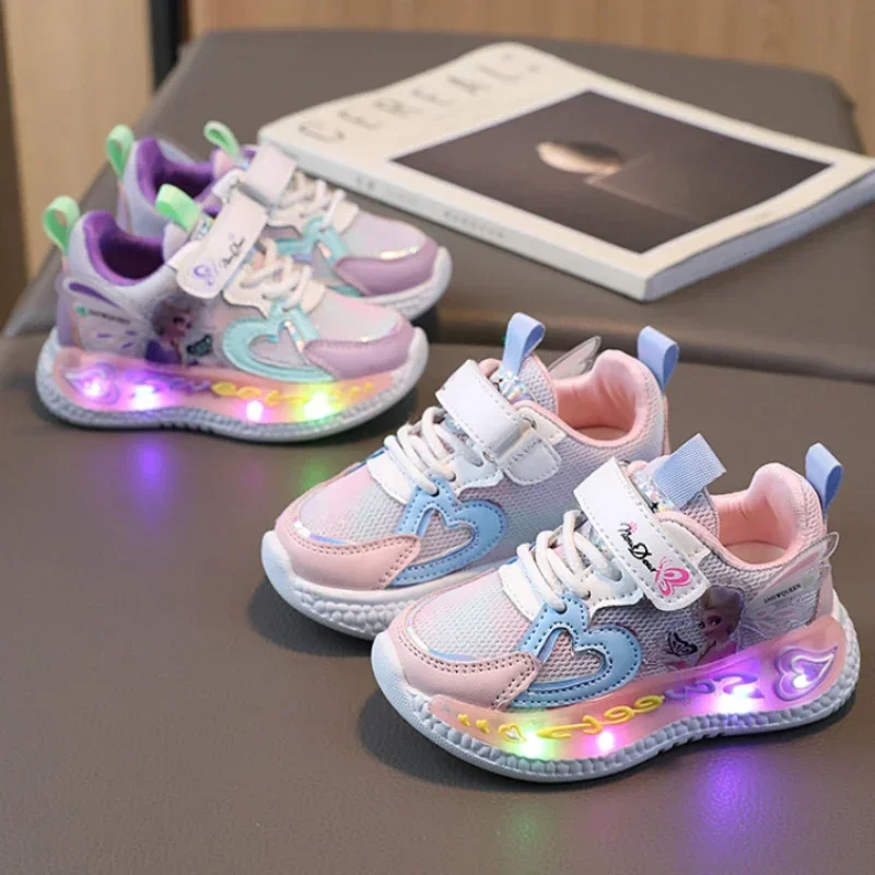 Brand Kids Girls Shoes Led Lights 2024 New Children Sneakers Girls Elsa Frozen Princess Casual Sport Shoes Baby Anti-slip Shoes