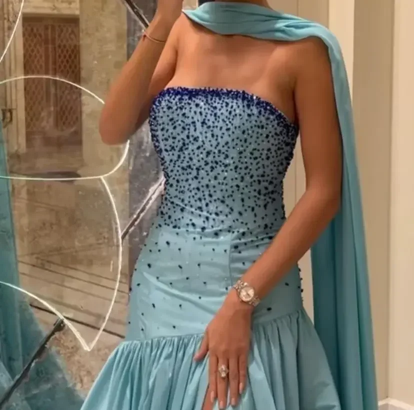 Customized Sexy Strapless Beaded Evening Dress Elegent Luxury High Side Split Wedding Party Dress Saudi Arabia Women‘s Formal