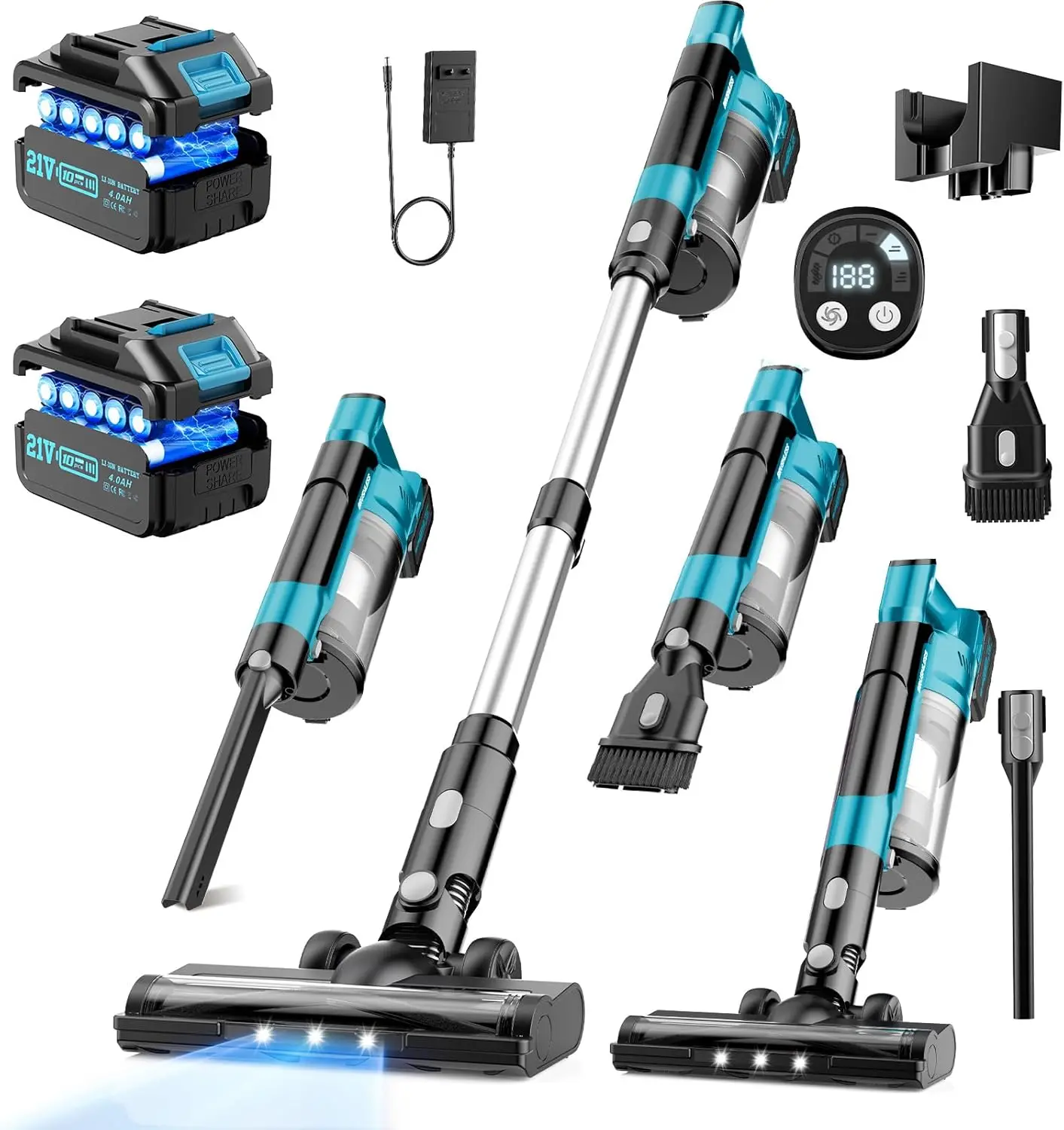 

Cordless Vacuum Cleaner with 2 Batteries, Brushless Motor, 3 Modes & 6 Attachments for Pet Hair, Hardwood Floors & Carpets