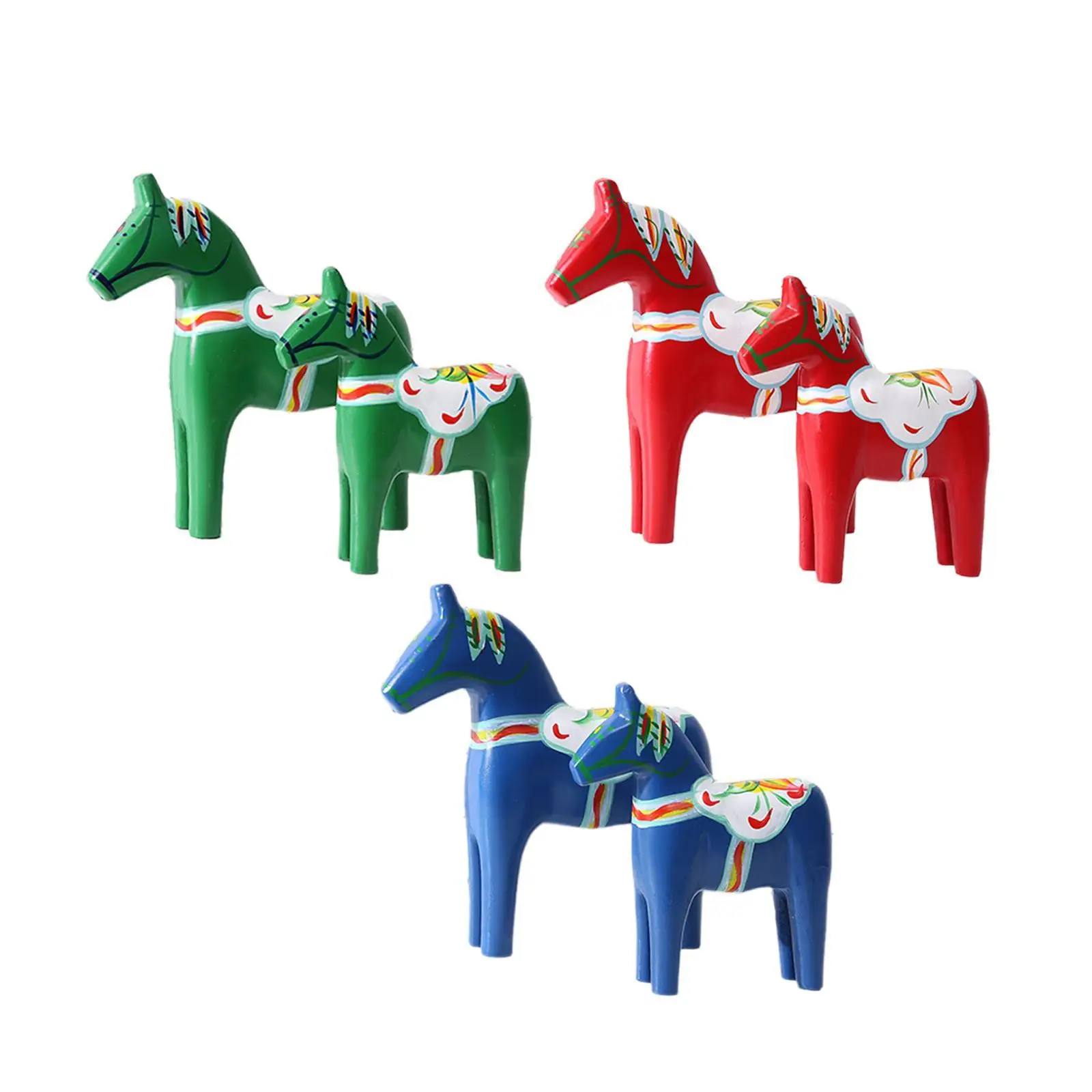 2 Pieces Dala Horse Wood Sculptures Handicraft Color Painting Europe Traditional Decorative Collectible Dala Horse Ornaments