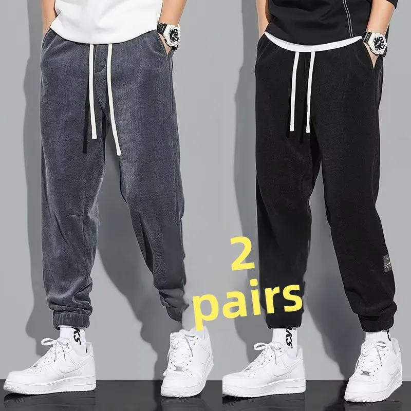 

Men's Corduroy Sweatpants Loose Fit Spring Autumn Nine-Tenths Sports Pants Elastic Waisand Casual Trousers Youth Sle