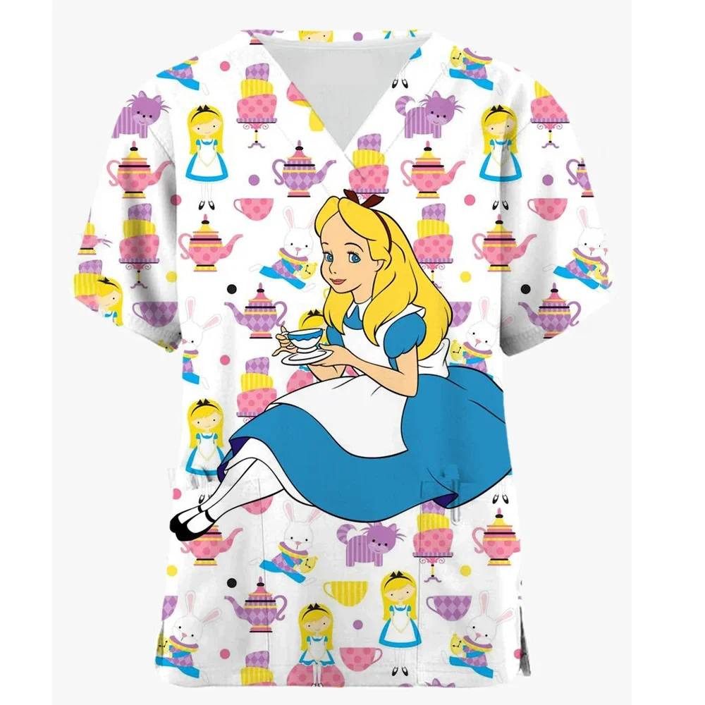 Cartoon Disney Alice's Adventures in Wonderland Alice Princess Pattern Printed Women's Nurse Uniform Fashion Kawaii  T-shirt Top