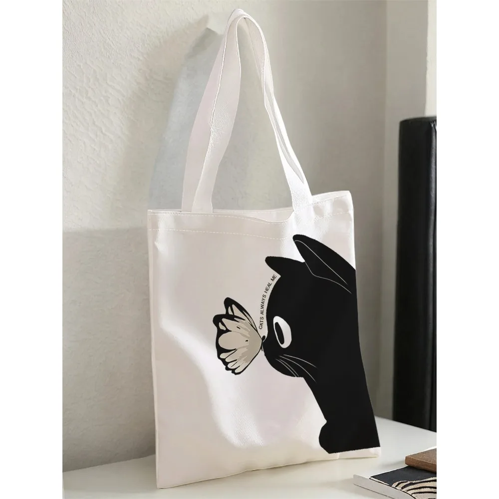 

Shopper Bag Cartoon Cat Pattern Casual Handbag, Reusable Fashionable Backpack, Multifunctional Handbag, Canvas Shopping Bag