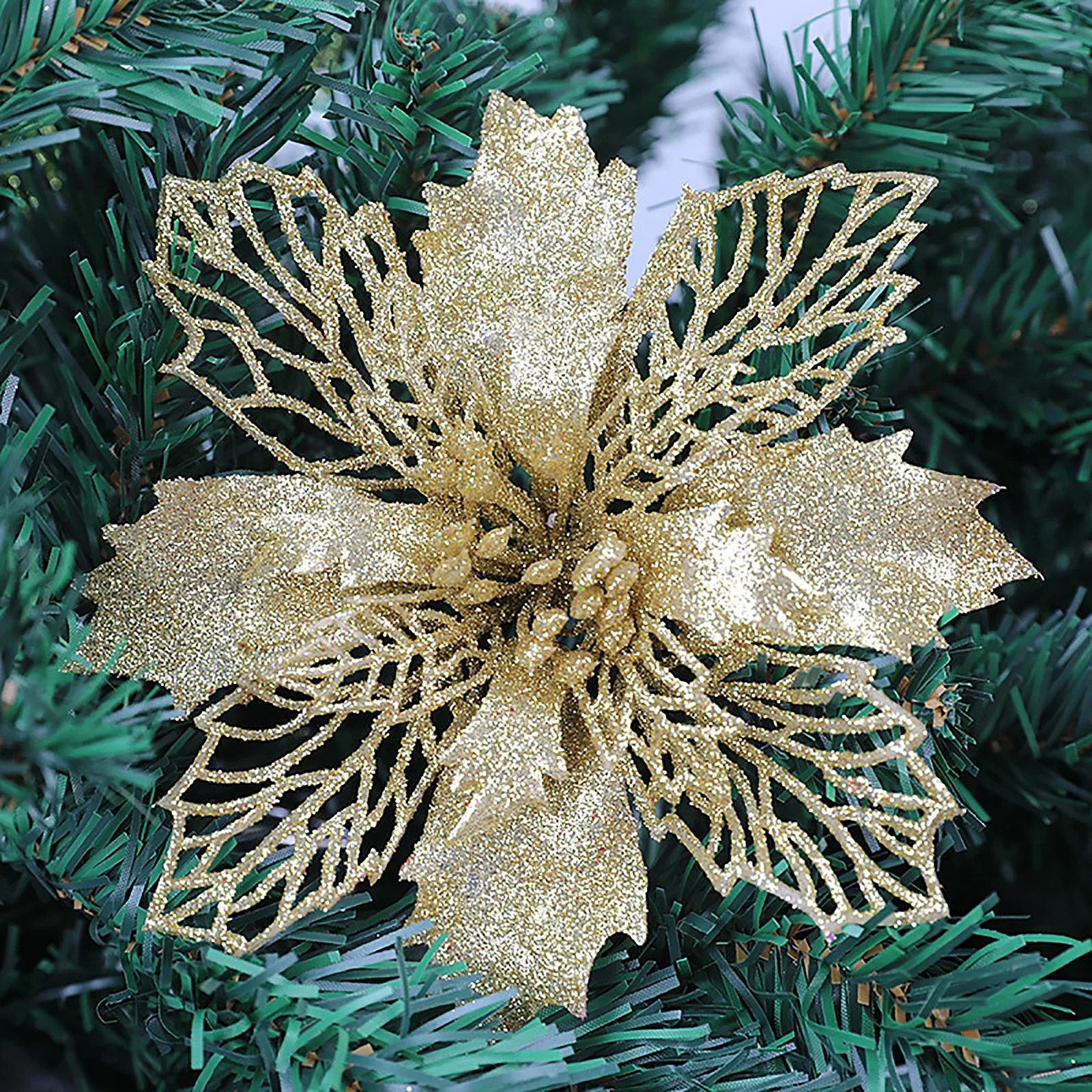 Christmas Flower New Year Decor Artifical Flowers Xmas Pendant Festival Glitter Poinsettia Gold Powder Tree Decoration 1pc