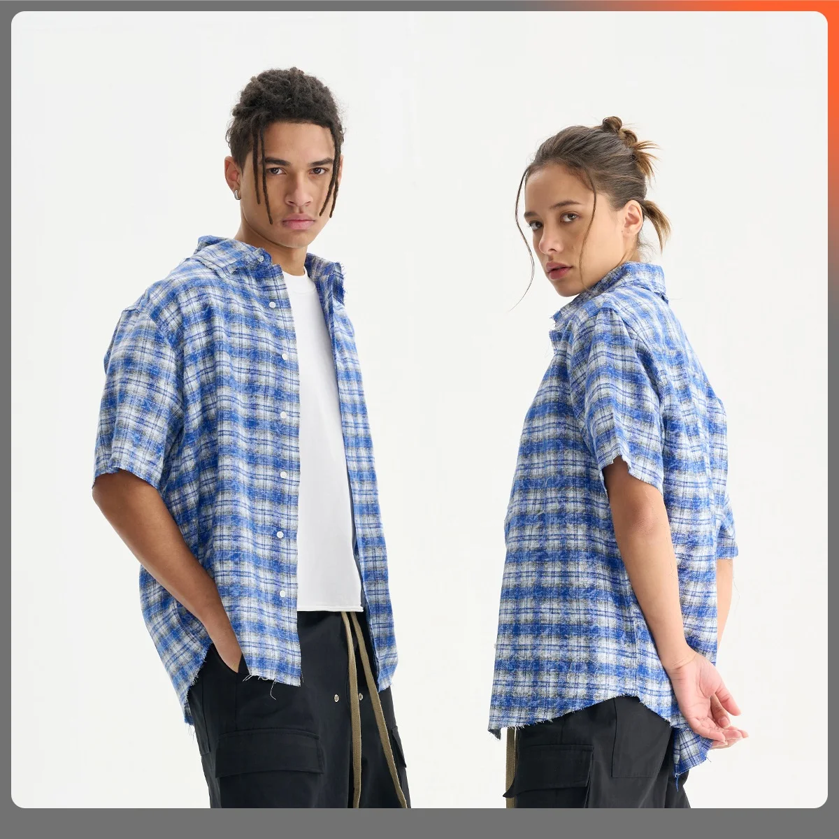 Men's Blue Retro Frayed Edges Plaid Shirt Fashion Oversized Vintage Dirty Clothes High Quality Batik Hip Hop Streetwear Unisex