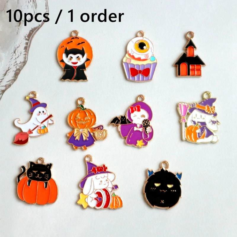 10pcs Halloween Fun Pendant Cartoon Vampire Ghost Pumpkin Alloy Enamel Charms DIY Necklace Bracelet Earing Keyring Accessory