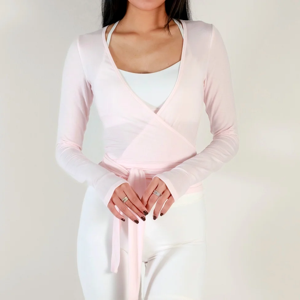Women's Bandage Wrap Shirts Solid Color V Neck Long Sleeve Tops Casual Blouses for Sports Workout Ballet