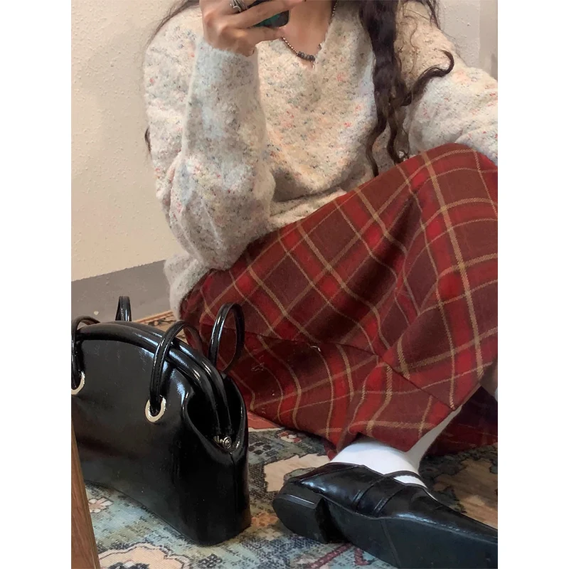 

French Retro Red Plaid Skirt Elastic High Waist Loose A-line Woolen Skirt Women Clothes Versatile Casual Autumn Female Clothing