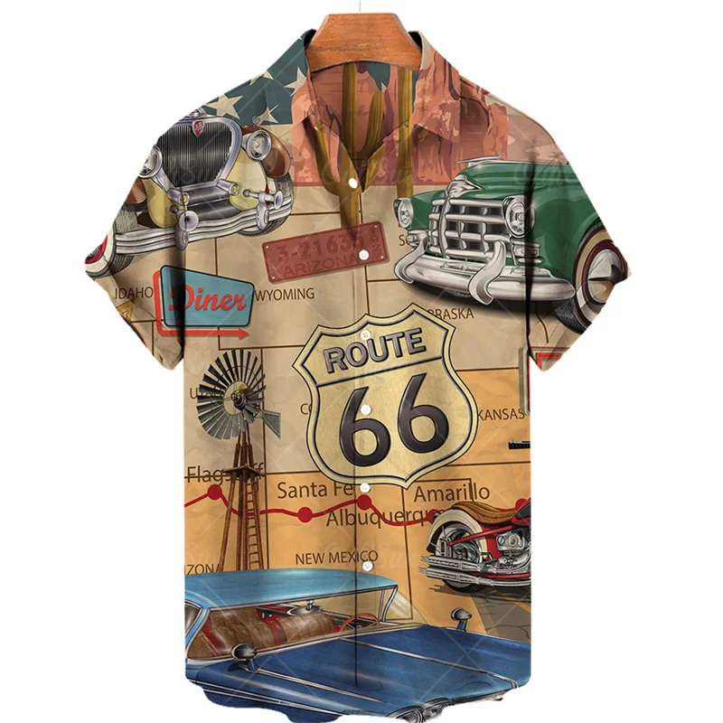 Men\'s Vintage Casual Social Short Sleeve Shirt Dazn Vacation Luxury Goth Travel Print Route 66 Original Fashion Design Clothing