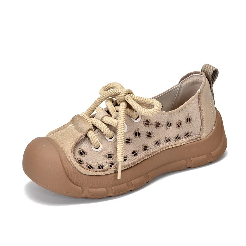 

2026 Fashion Women Flat Platform Shoes Summer Hollow Out Breathable Genuine Leather Lace-Up Retro Style Casual Shoes