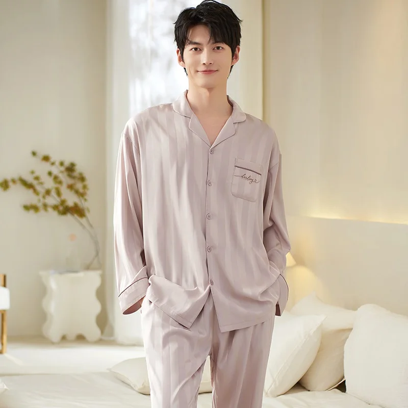 

Men Silk Satin Nightwear Suit Spring Autumn Striped Long Sleeve Pajamas Casual Cardigan Homewear Big Yards M-3XL Pijamas Hombre