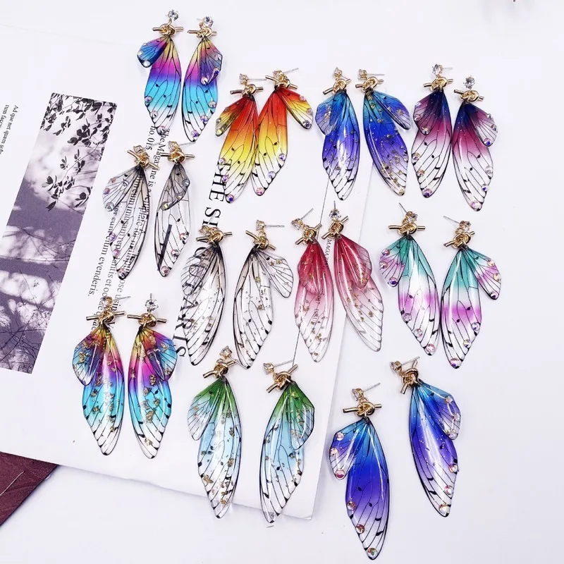 ALLNEWME Trendy Rainbow Butterfly Earring for Women Rhinestone Resin Tie Bow Simulation Wing Dangle Earrings Wedding Jewelry