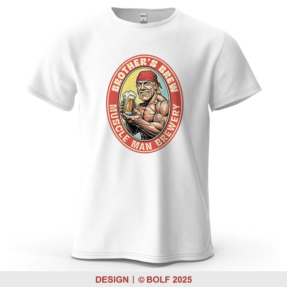 Muscle Man Brew Strong Printed Men's T-Shirt 100% Cotton Oversized Lively Gym Graphic Tees for Women Tops Tees Streetwear