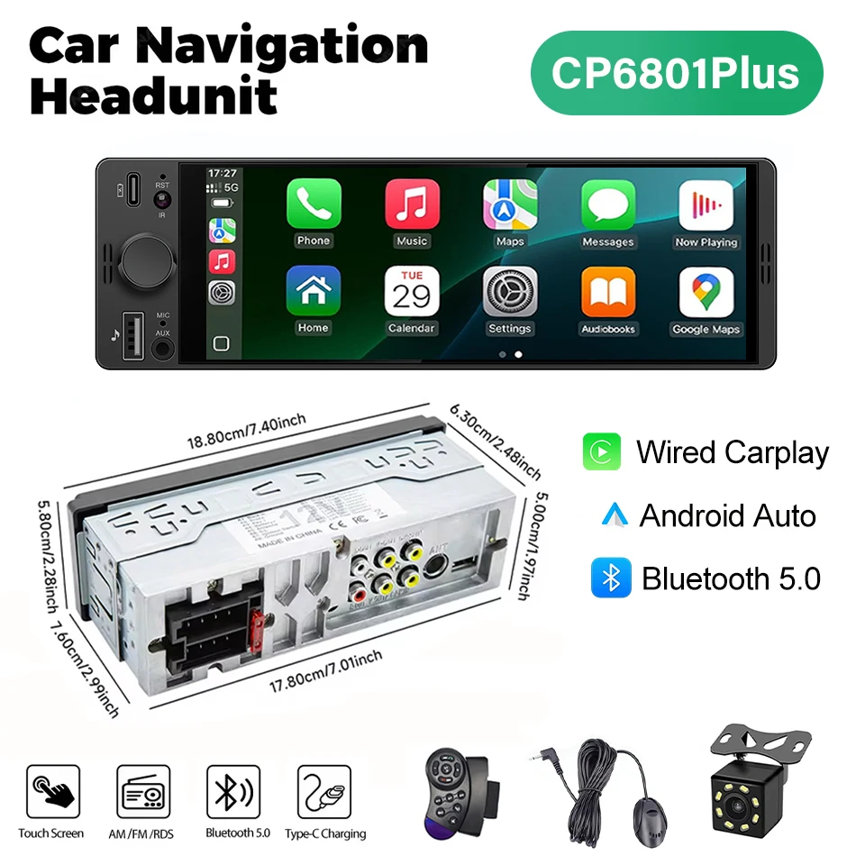 1DIN 6.86 inch universele MP5 autoradio met draadloze Carplay, Android Auto, AUX, USB, BT, touchscreen en multimediaspeler - afbeelding 1