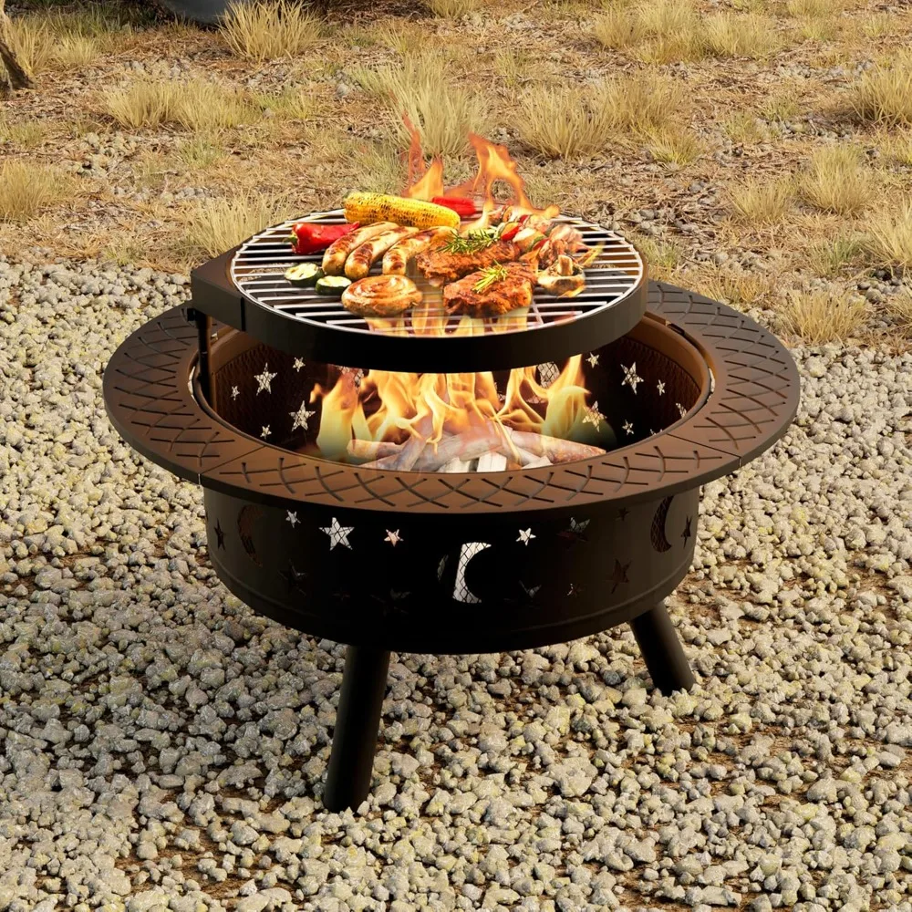 

35 Inch Fire Pit, Outdoor Wood Burning Fire Pits, Metal Round Bonfire Firepit with Grill Grate for Backyard, Patio, Camping(Blac