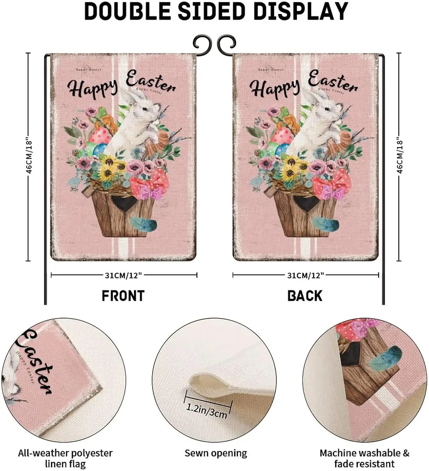 Vintage Happy Easter Spring Flowers Easter Rabbit Eggs Garden Flags 12x18 Double Sided Decorative Holiday Easter Decor Yard  yyi