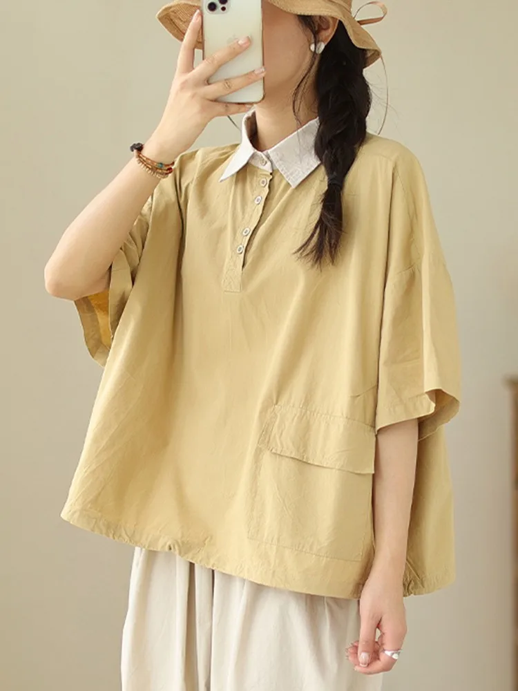 Women Casual Shirts New Arrival 2023 Summer Korean Style Turn-down Collar Solid Color Loose Female Short Sleeve Tops B2615