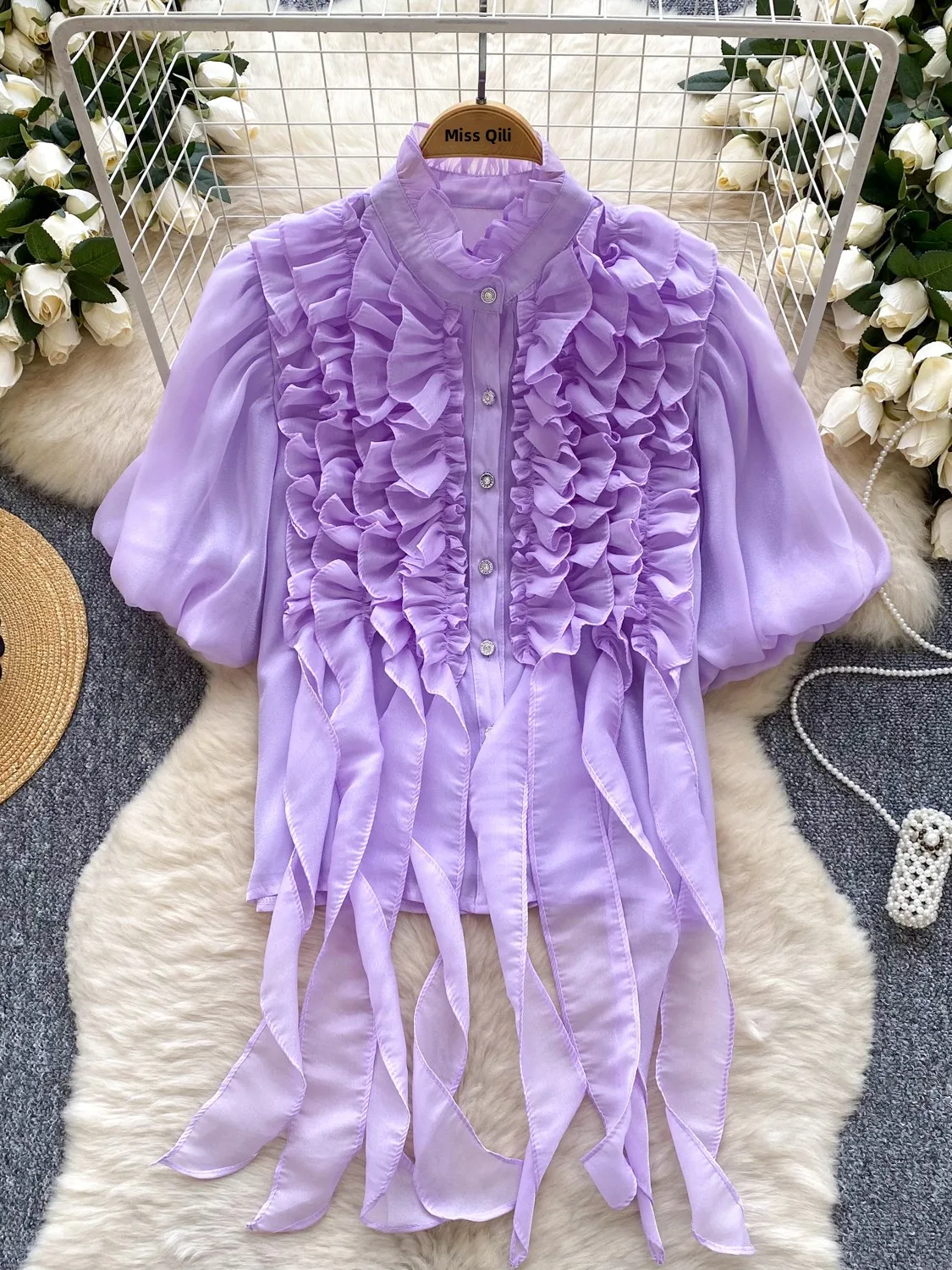 Bluzka damska z stójką, falbankami, bufiastymi rękawami, słodka, uniwersalna, zapinana na jeden guzik, elegancka, koreańska, luźny krój...