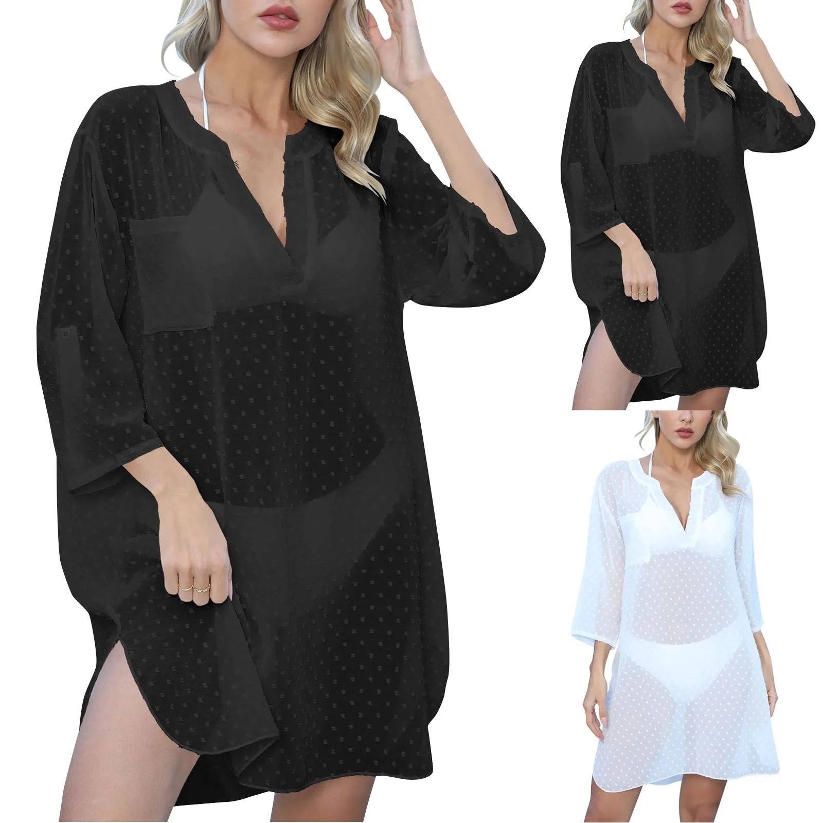 Women'S Beach Cover-Ups Fashion Solid Color Chiffon Deep V Stand-Up Collar Shirt Dress Sexy Loose Solid Color All-Match Dress