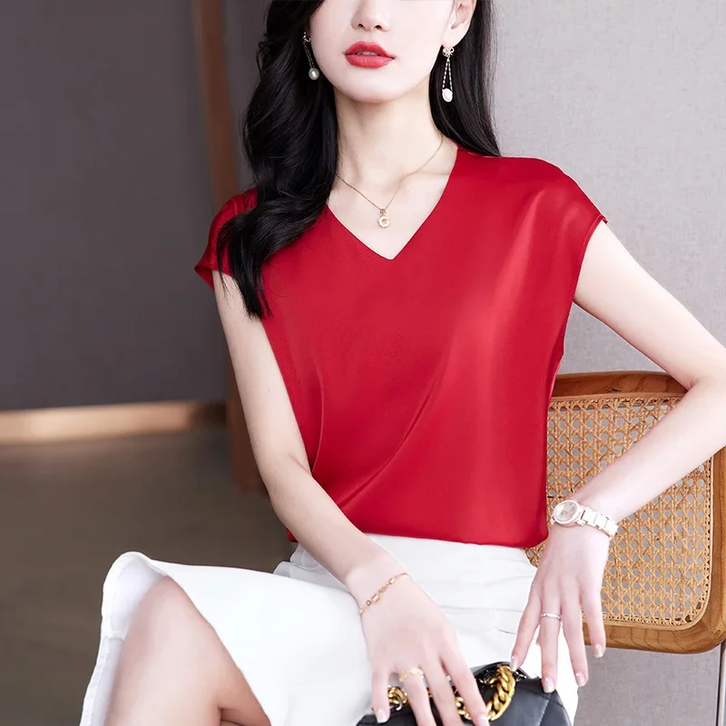 

Satin Blouse Women V-neck Fashion Womens Tops Short Sleeve Solid Womens Shirts Luxury 2025 Female Clothing OL White Shirt Women