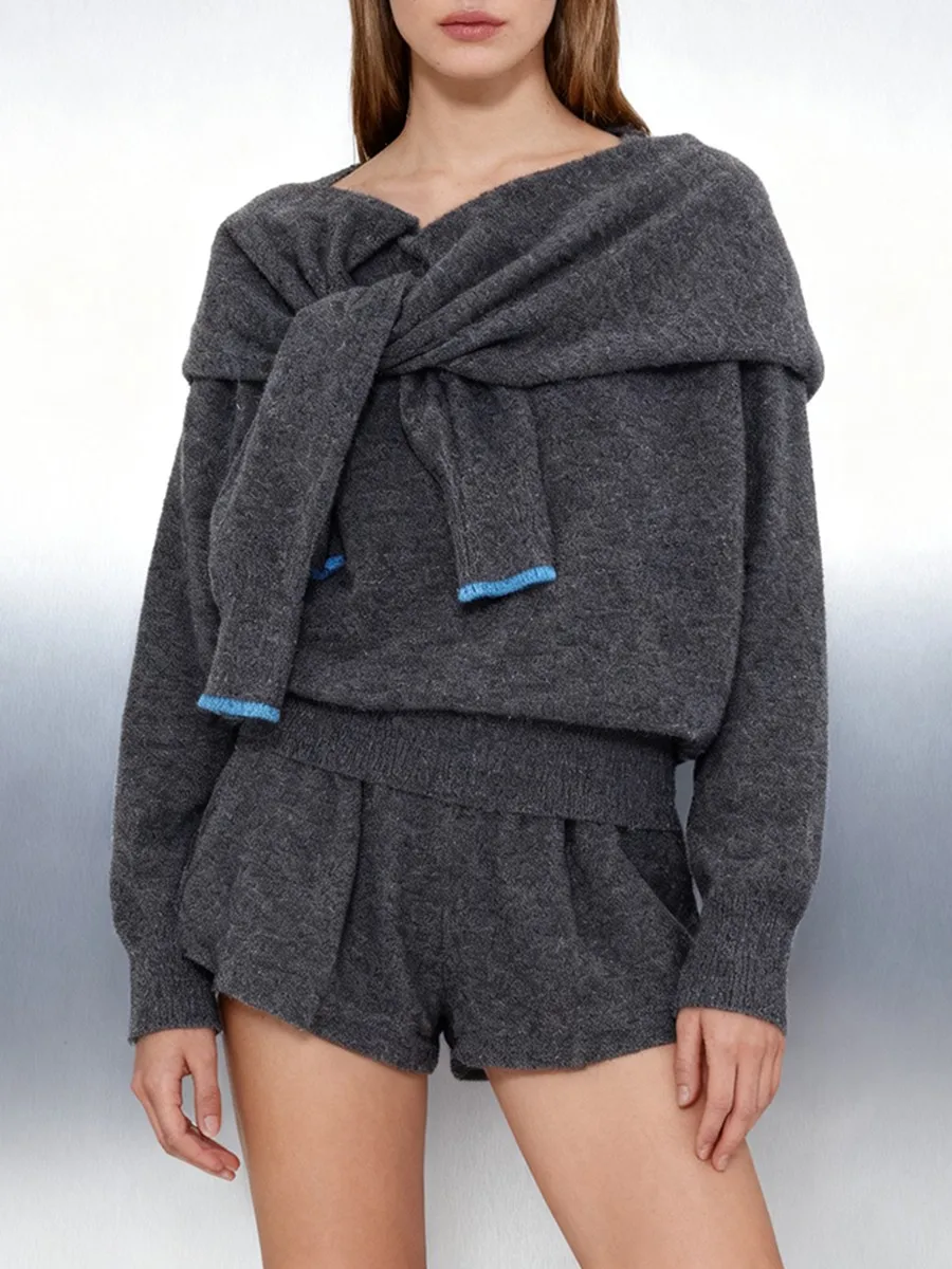 TWOTWINSTYLE FakeTwo قطعة مجموعة سترة للنساء شال طوق كم طويل أنيق مكتب رمادي سليم تريكو أنثى الاسلوب المناسب #2