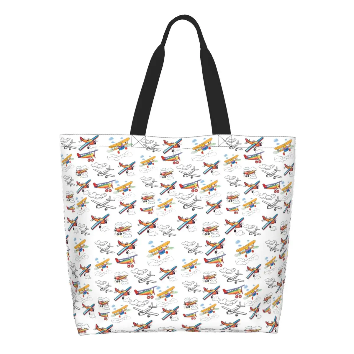 Colorful Nostalgic Airplanes Pattern Aviation Enthusiast Shopping Tote Bag Canvas Shoulder Bags Shopper Grocery Handbag Women