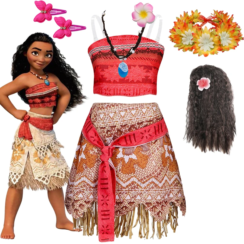 

Disney Princess Moana for Kids Girls Princess Dress Children Vaiana Cosplay Carnival Birthday Party Necklace Pet Pig Chicken Set