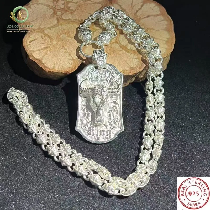 925 Tibetan Silver Ox Head Pendant Necklace, Handmade by Folk Artisans, Ethnic Lucky Protection Amulet