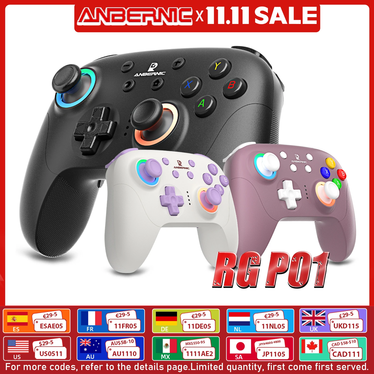 لوحة ألعاب ANBERNIC RG P01 بلوتوث 5.3/سلكية/2.4G لاسلكية متوافقة مع Switch/PC/Steam/Android/IOS مع عصا التحكم بتأثير القاعة