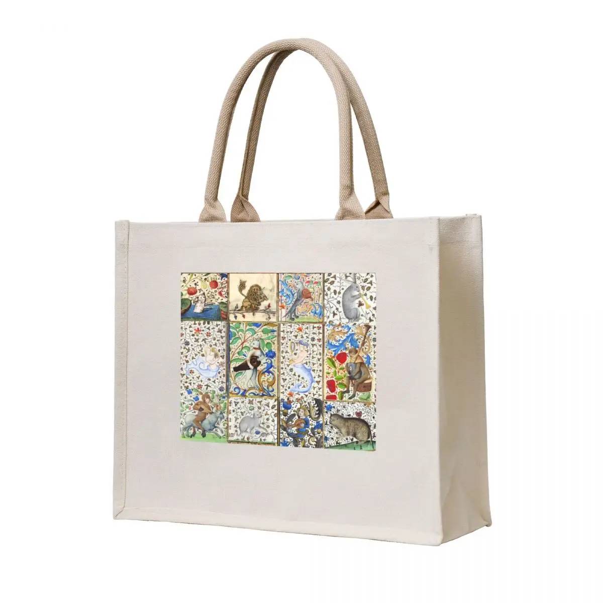 

WEIRD MEDIEVAL BESTIARY PLAYING MUSICAL INSTRUMENTS AMONG FLOWERS AND FRUITS Tote Bag Lady bags handbag tote bag screen