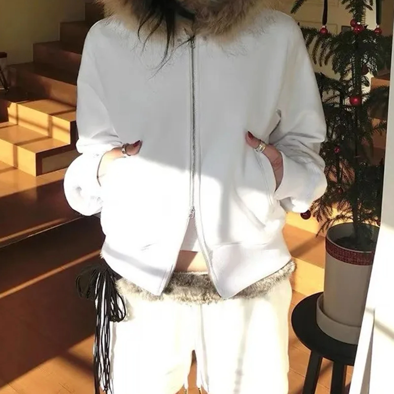 

Hiphop Women Autumn Winter Hooded Coat Feather Long Sleeve Plush Brim Zipper Hoodie with 2 Pockets