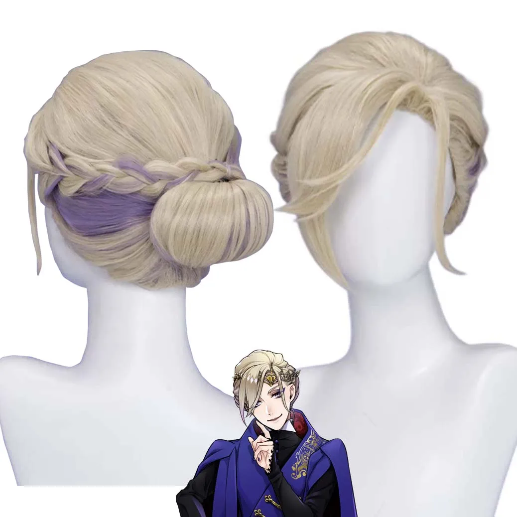 Men Anime Vil Schoenheit Cosplay Wig Blonde Purple Gradient Short Bob With Braids Heat Resistant Synthetic Hair Net Cap