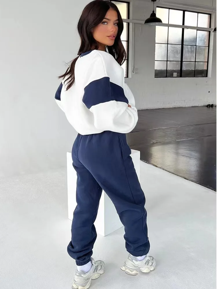 2024 New Winter Fashion Colorblock Two Piece Sets Women Outfit Autumn Y2K Clothes Pullover Sweatshirt Top Pants Sets Tracksuit