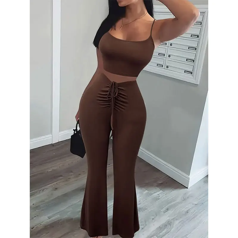 

Two Piece Set Of Women'S Belly Button Exposed Sexy Suspender, Front Middle Drawstring Flared Pants