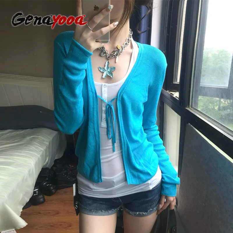

Genayooa Harajuku Lace Up Cardigan Women Long Sleeve Blue Knit Sweater Y2k Japanese Vintage Tops 2000s Streetwear Cardigans Coat