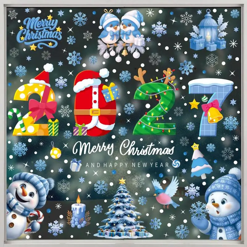 4/5 Sheets Snowman Reindeer Santa Claus Christmas Tree Static Cling Decals 2027 Merry Christmas Decor Window Stickers For Home