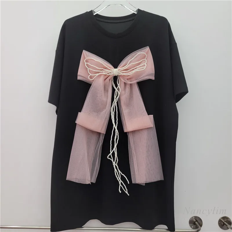 โบว์ตาข่ายSplicingเสื้อยืดแขนสั้นผู้หญิง 2025 ฤดูร้อนใหม่เกาหลีรุ่นหลวมยาวขนาดใหญ่Tshirt