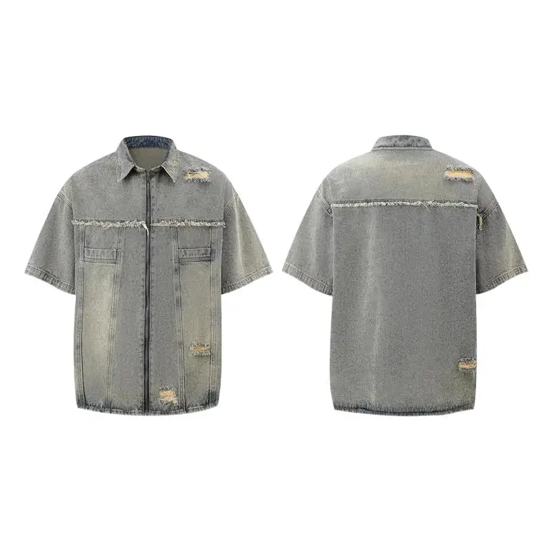 

DAVIDSHAO Top Quality EU US Size Luxury Street Wear Vintage Frayed Distressed Zipper Denim Jacket and Shorts Jeans Set