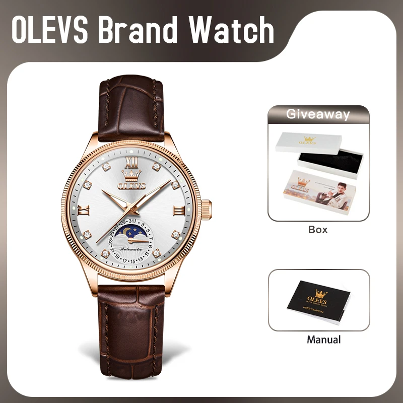 

OLEVS 7039 Womens Watch Original Mechanical Watch Automatic Movement Reloj Waterproof Luminous Moon Phase Watches For Women Gift