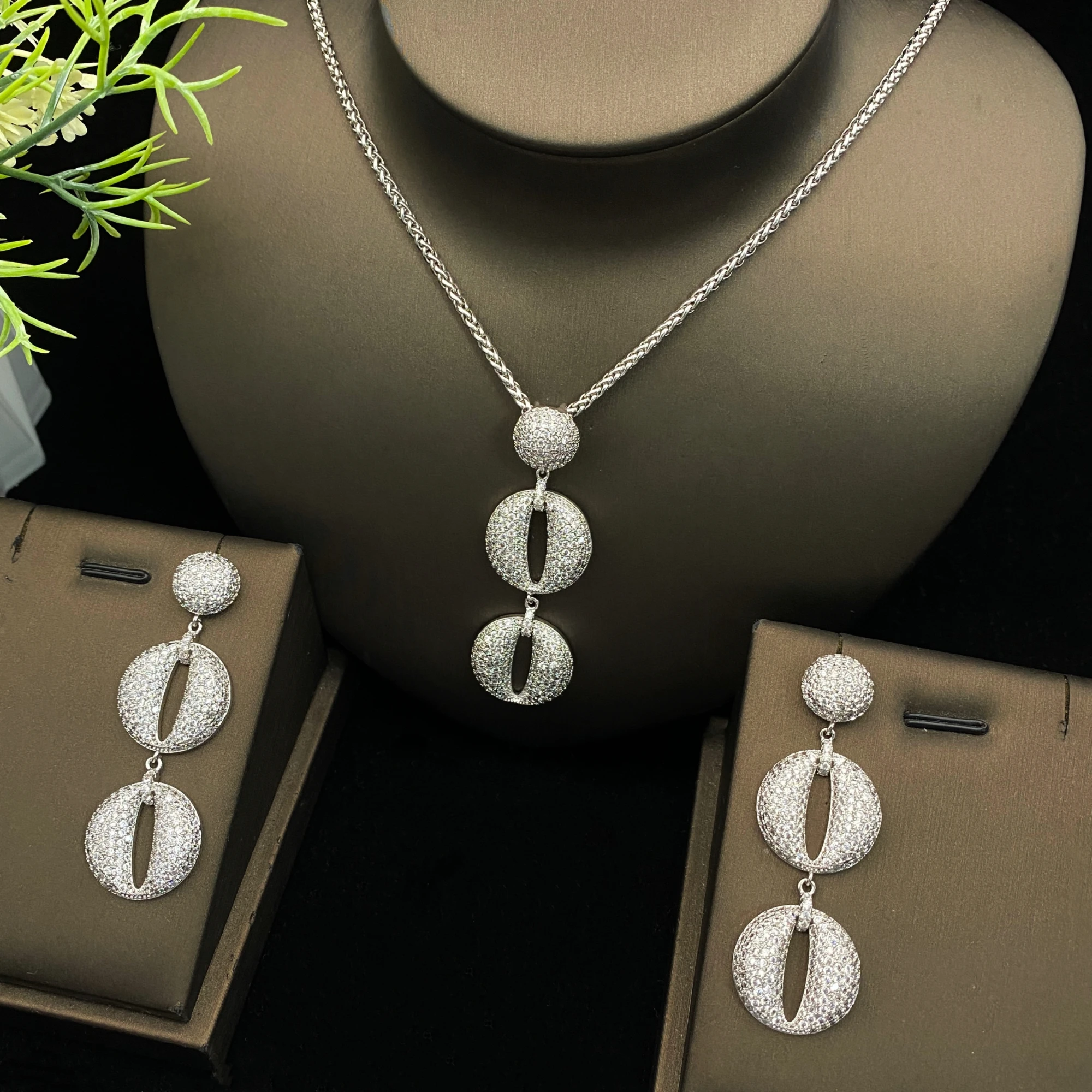 JRH 2PCS Round Zircon Jewelry Set Necklace Earrings for Wedding Women Valentines Anniversary Party Gift