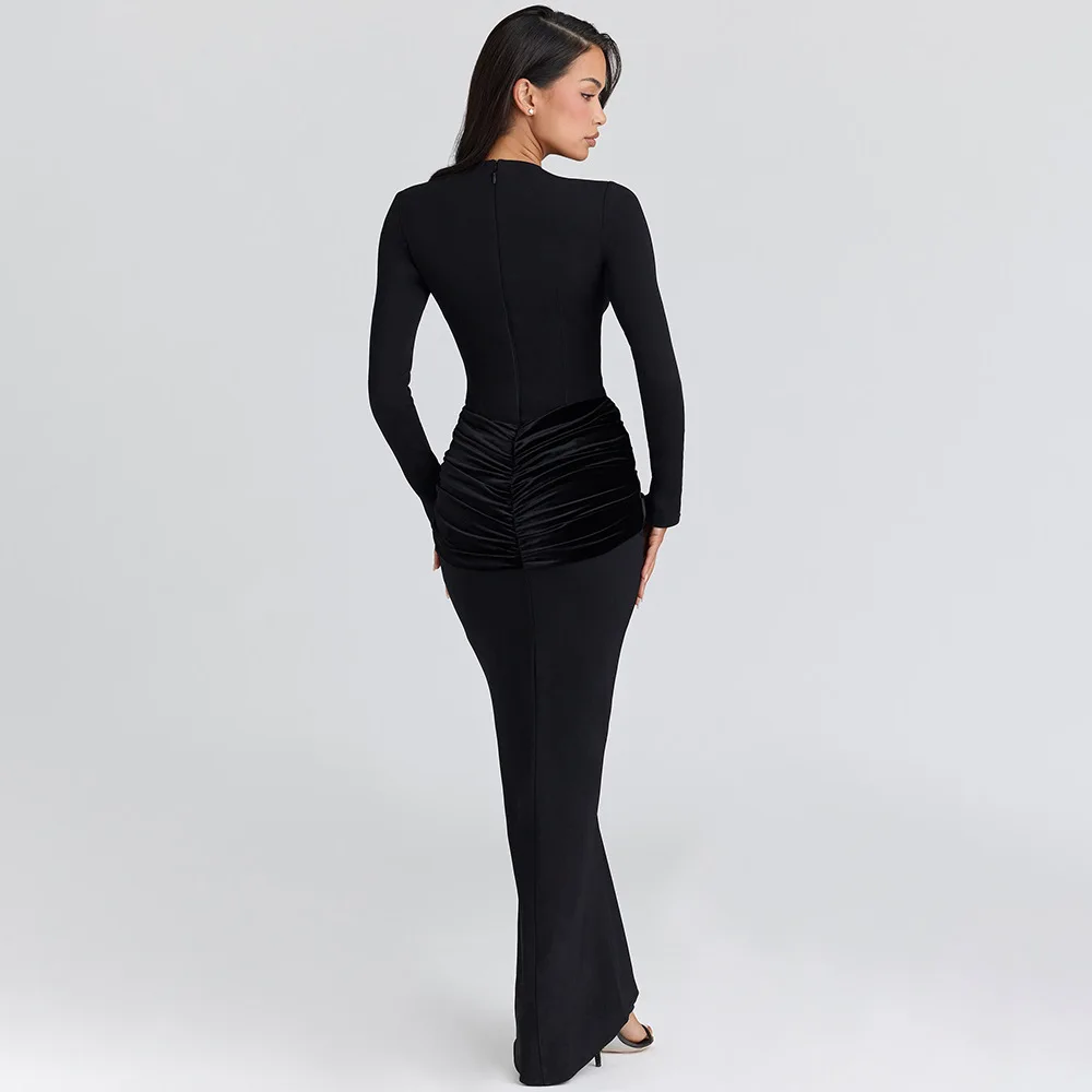 Sukienki wiosenno-jesienne dla kobiet, dopasowane sukienki maxi z długim rękawem, golfem, marszczeniami, eleganckie sukienki koktajlowe, na wesele, dla gości weselnych.