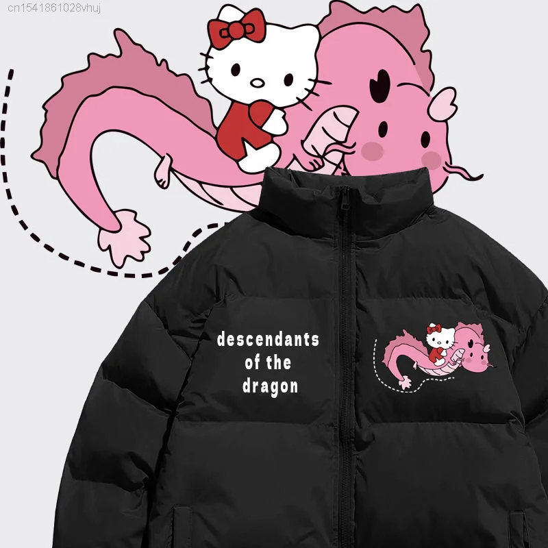 Sanrio Dragon Hello Kitty Cotton Coat Winter Thick Warm Y2k Gothic Hip Hop Zipper Black Down Jacket Youthful Woman Clothes Girls