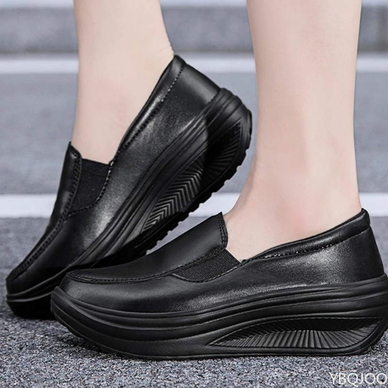 حجم كبير الربيع والخريف موضة جديدة البند سميكة وحيد الارتفاع زيادة كعب مائل أحذية نسائية ممرضة المرأة حذا فردي للسيدات #5