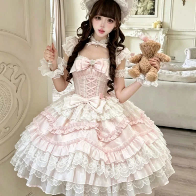 Japanisches Kawaii Lolita Trägerkleid für Damen, Y2K Bandage-Kuchenkleid, Retro Harajuku Spitzen-Schleifenkleid, Sommer-Party-Outfit für den Alltag