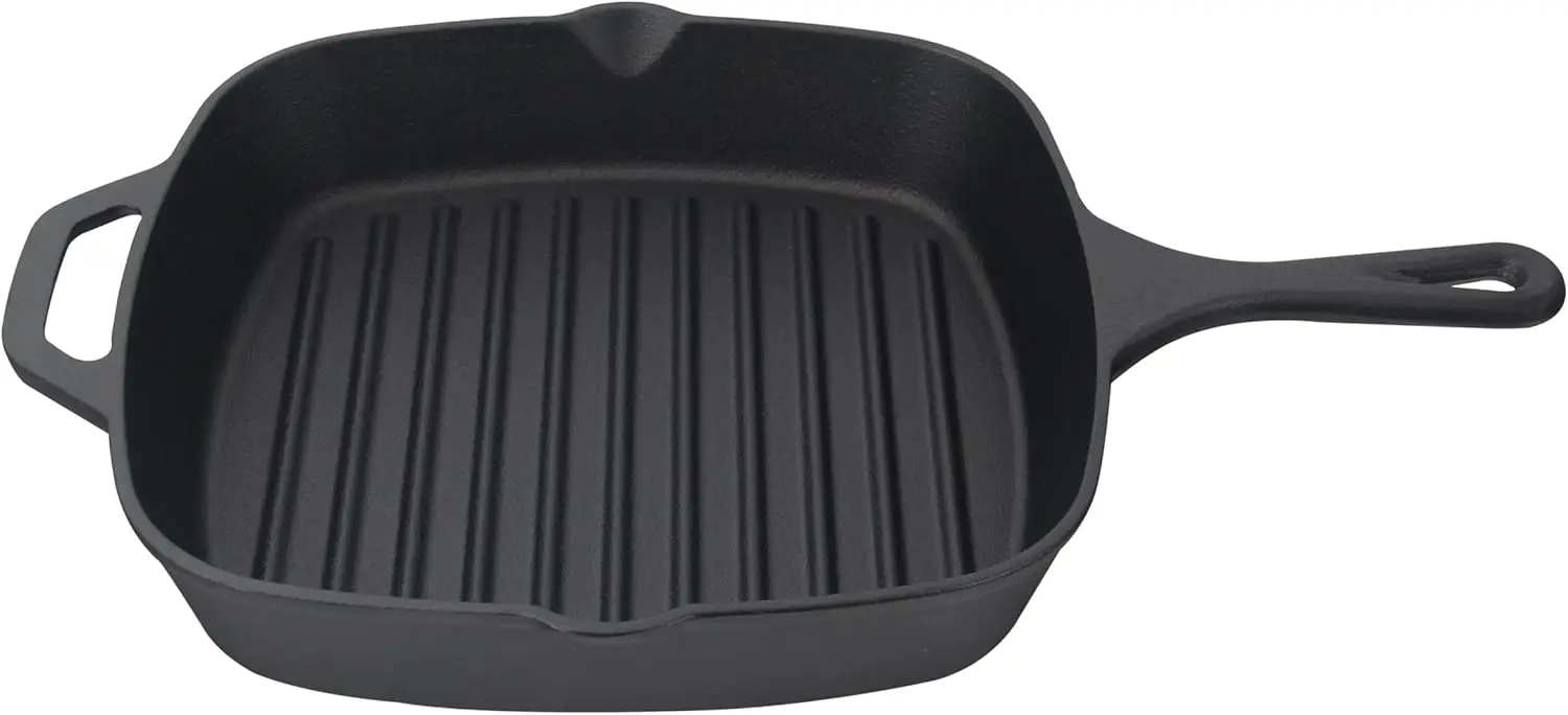 

, Pre Seasoned Cast Iron Square Skillet with Ridges, 16', Black
