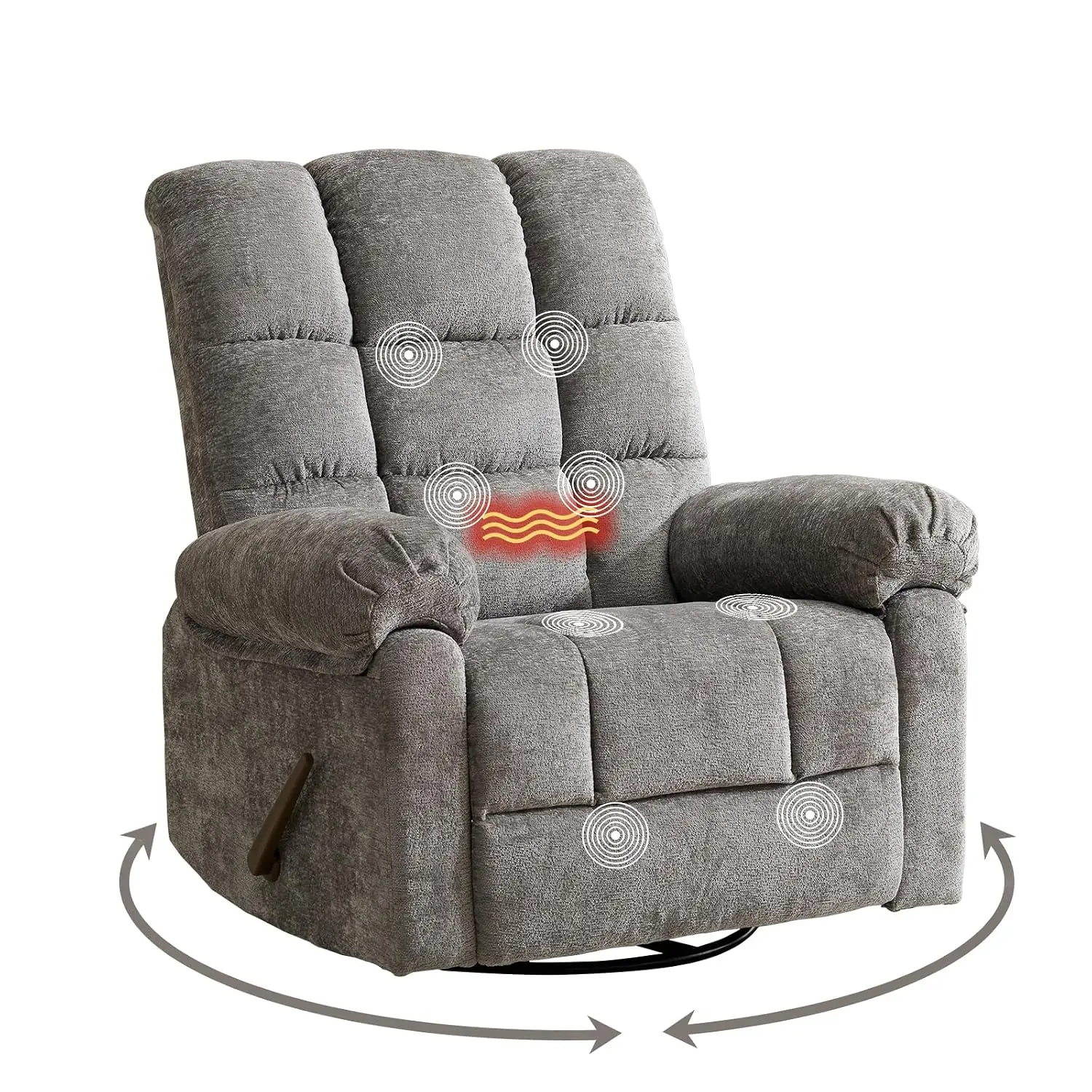 Oversized Swivel Rocker Recliner with Massage & Heat, Overstuffed Manual Chair for Living Room, Grey Chenille, Customized
